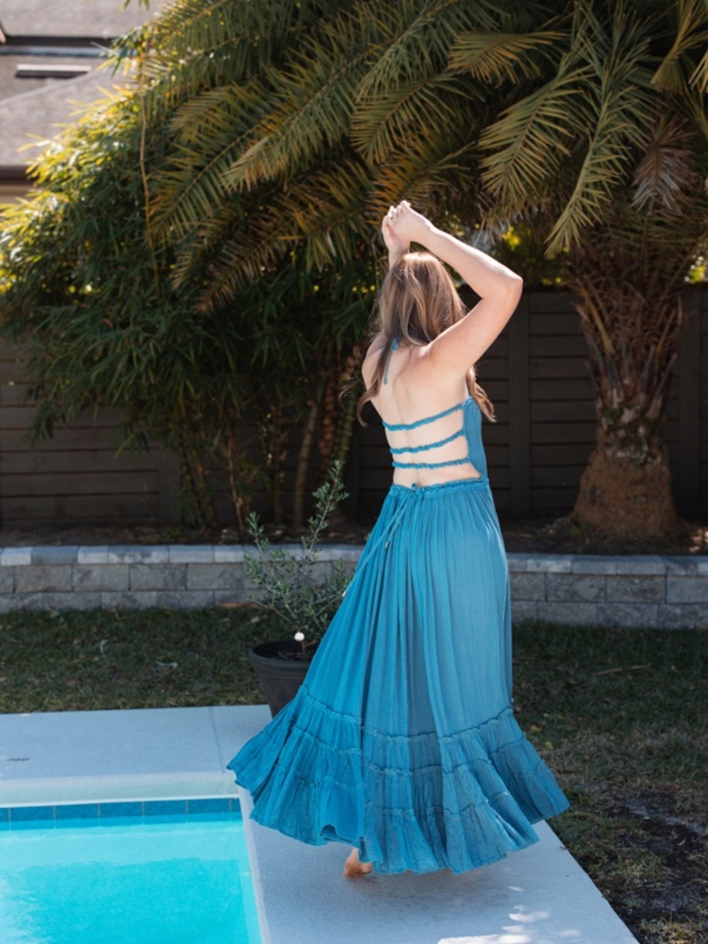 Free People Blue Maxi Dress Smocked Halter Boho Flowy Tiered Beach Festival